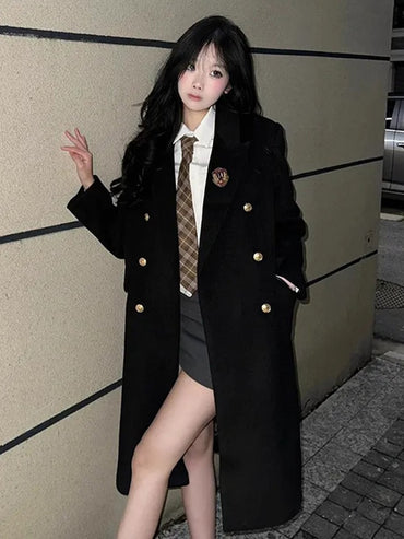 Jk Uniform Wool Coat Women Fashion Japanese Preppy Elegant Badge Black Midi Outwear Autumn Winter Sweet Long Sleeve Quilted Tops