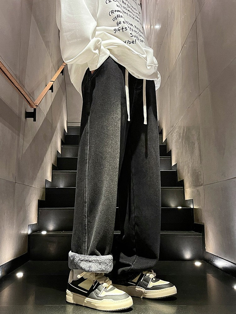 Men's Winter Jeans Fleece-Lined Brushed Thick Warm Denim Pants Korean Style Straight Fit Insulated Trousers Asians Size M-3XL