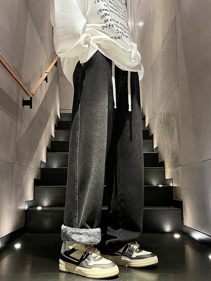 Men's Winter Jeans Fleece-Lined Brushed Thick Warm Denim Pants Korean Style Straight Fit Insulated Trousers Asians Size M-3XL