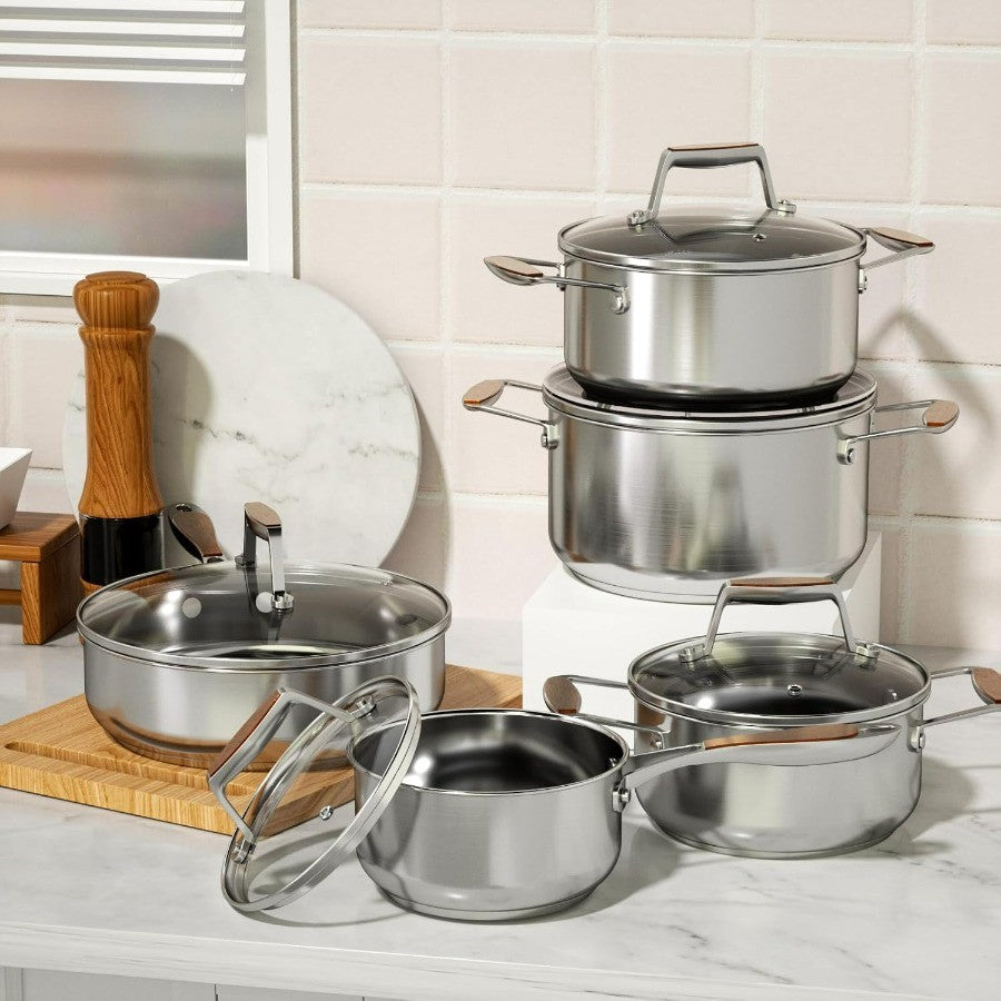 Conjunto de Panelas de Aço Inoxidável 5 Camadas com 10 Peças Incluindo Frigideira, Panela e Caçarolas para Indução e Todos os Fogões, Não-Aderente