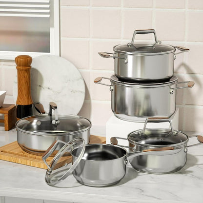 Conjunto de Panelas de Aço Inoxidável 5 Camadas com 10 Peças Incluindo Frigideira, Panela e Caçarolas para Indução e Todos os Fogões, Não-Aderente