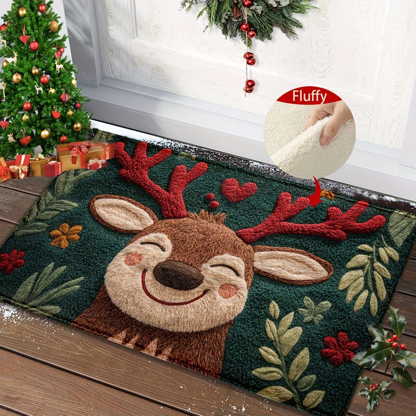 1pc Fluffy Christmas Deer Bath Mat - Quick-Dry & Absorbent, Festive Holiday Design with Red Berries & Green Leaves bathroom mat