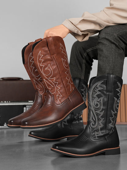 Men's Creative Pattern Embroidered Vintage Lace-Up Boots Wide-Toe Men's Cowboy Boots High-Top Riding Boots Extra Large Sizes