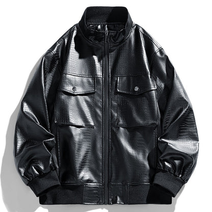 New Spring Autumn Winter PU Leather Stand Collar Open Cardigan Biker Casual Loose Fit Jacket Men's Fashion Outerwear
