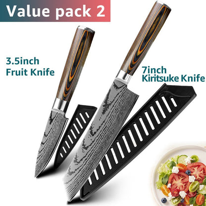 Conjunto de Facas de Cozinha 1-7PÇS Faca de Chef Japonesa Santoku 7CR17 Aço Inoxidável 440C Faca de Imitação de Damasco Cutelo de Carne Fatiador