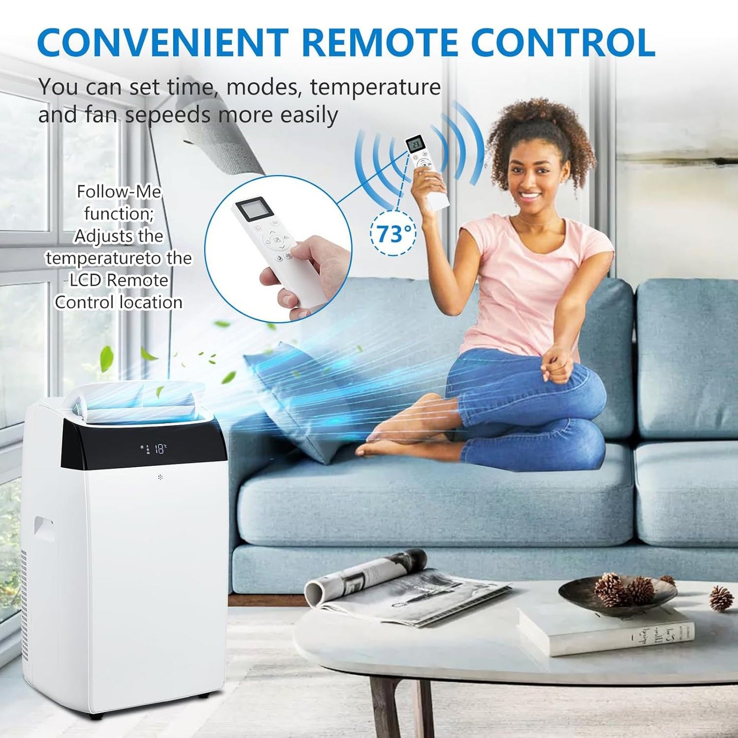 Ar Condicionado Portátil 14000 BTUs, Unidade AC de Resfriamento 3 em 1 Independente com Ventilador, Desumidificador, Controle Remoto, Modo de Sono