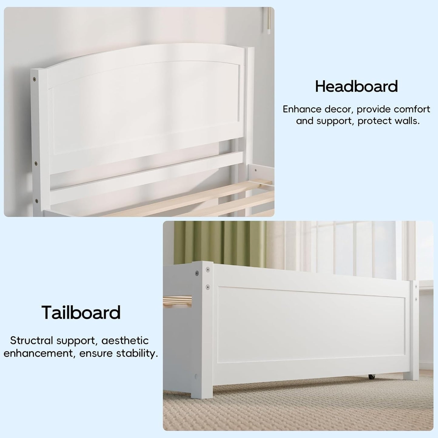 Daybed with Trundle, Twin Size Pull Out Bed, Solid Wood Extendable Day with Trundle Bed Twin, Include Slat Support (Whit