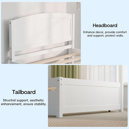 Daybed with Trundle, Twin Size Pull Out Bed, Solid Wood Extendable Day with Trundle Bed Twin, Include Slat Support (Whit