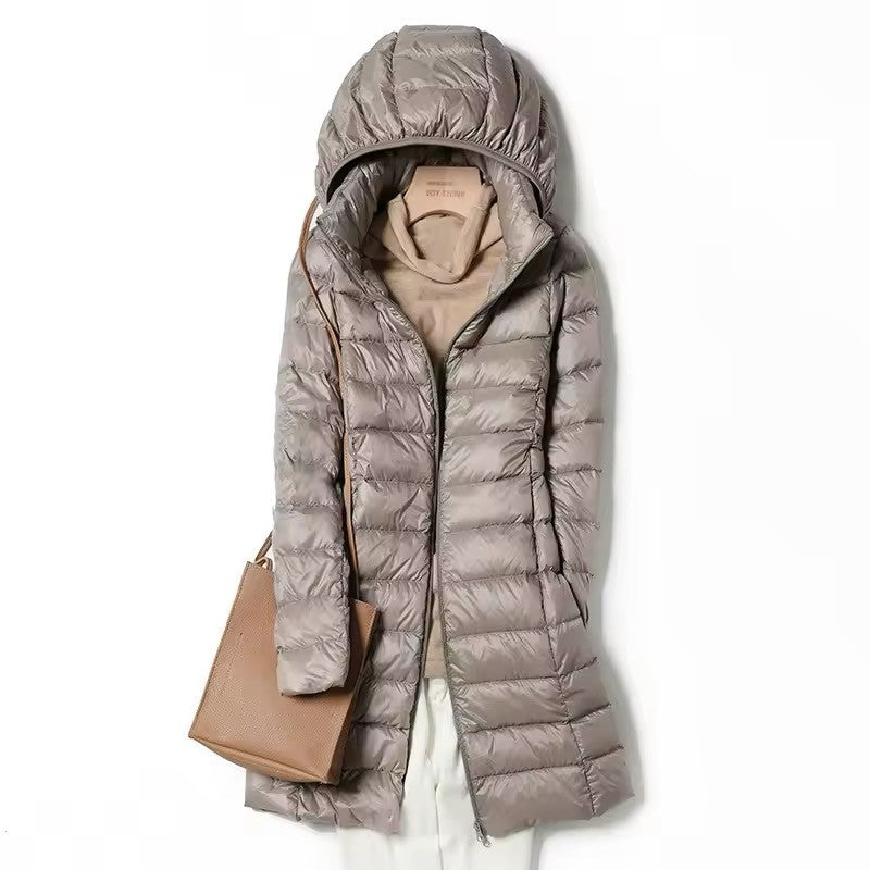 Women's X-long Office Lady Hat Detachable Puffer Jackets 2025 New Arrival Autumn Winter White Duck Down Warm Coat