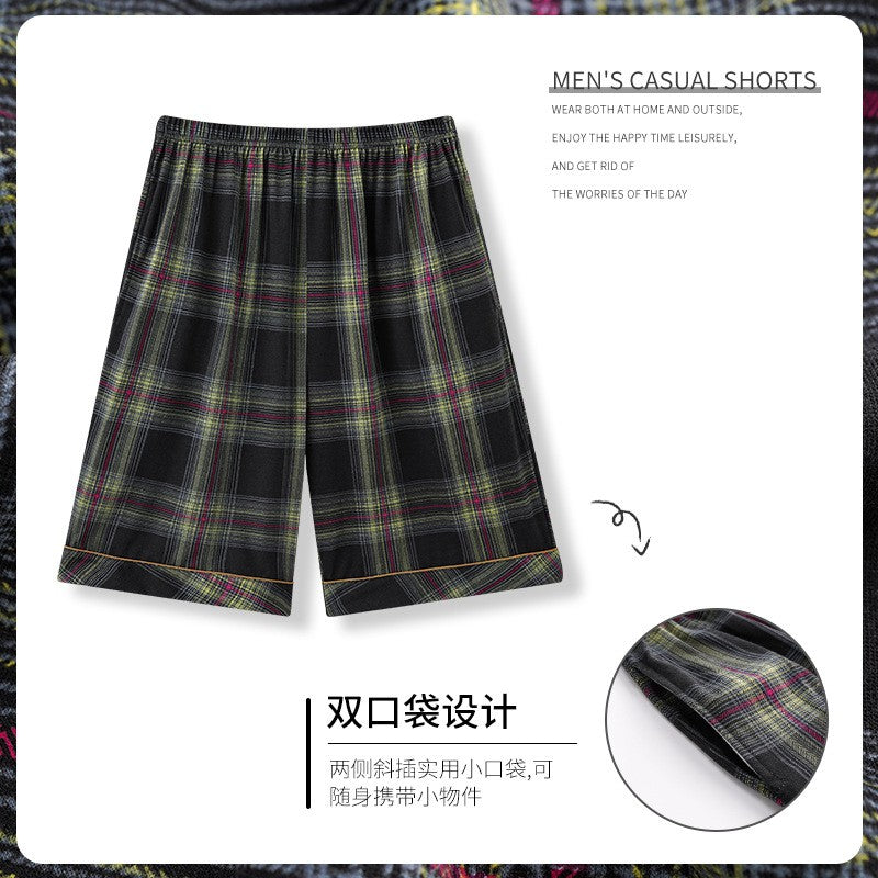 Summer New Cotton Plaid Pajama Pants Adluts Home Loose Cotton Pajama Men’s Sleep Bottom Elastic Waist Breathable Pj Pants Shorts