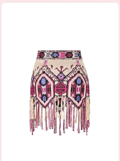 Yeova Women's High Waist Tassel Skirt National Sle Diamond Pattern Asymmetrical Wrap around  Skirt Summer Casual