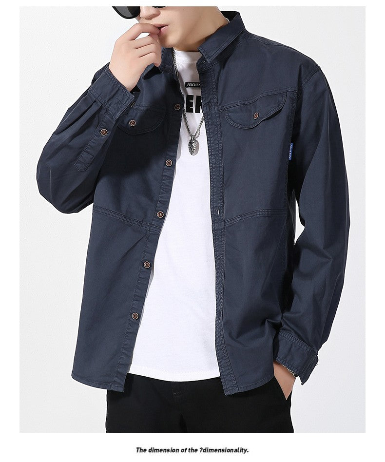 Men Slim Fit Turn-Down Collar Loose Cargo Shrit Spring Autumn Casual Wash Cotton Safari Style Jacket with Multiple Pockets Coat
