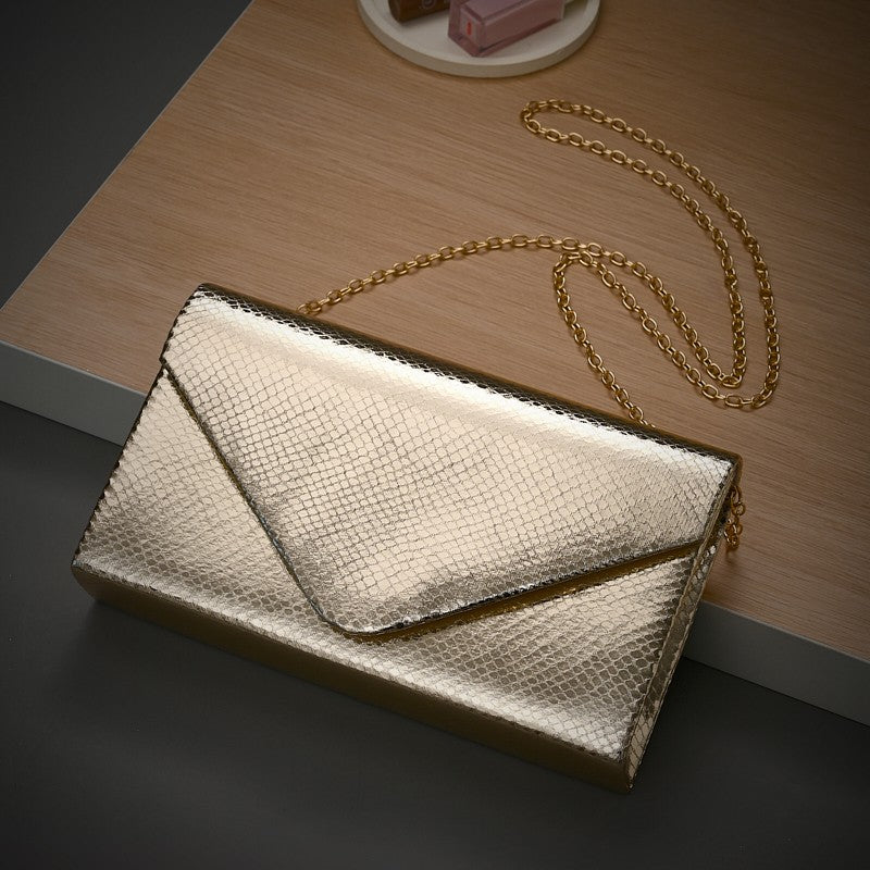Gold Style Elegant Evening Bag with Detachable Metal Chain Clamshell One-Shoulder Ladyship Party Storage Bag for Women
