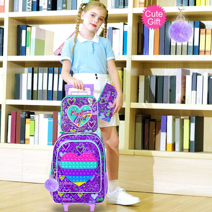 Mochila de Rodinha 3 Peças para Meninas, Mochila com Rodas para Crianças, Mochila Escolar com Rodinhas e Lancheira - Coração Roxo