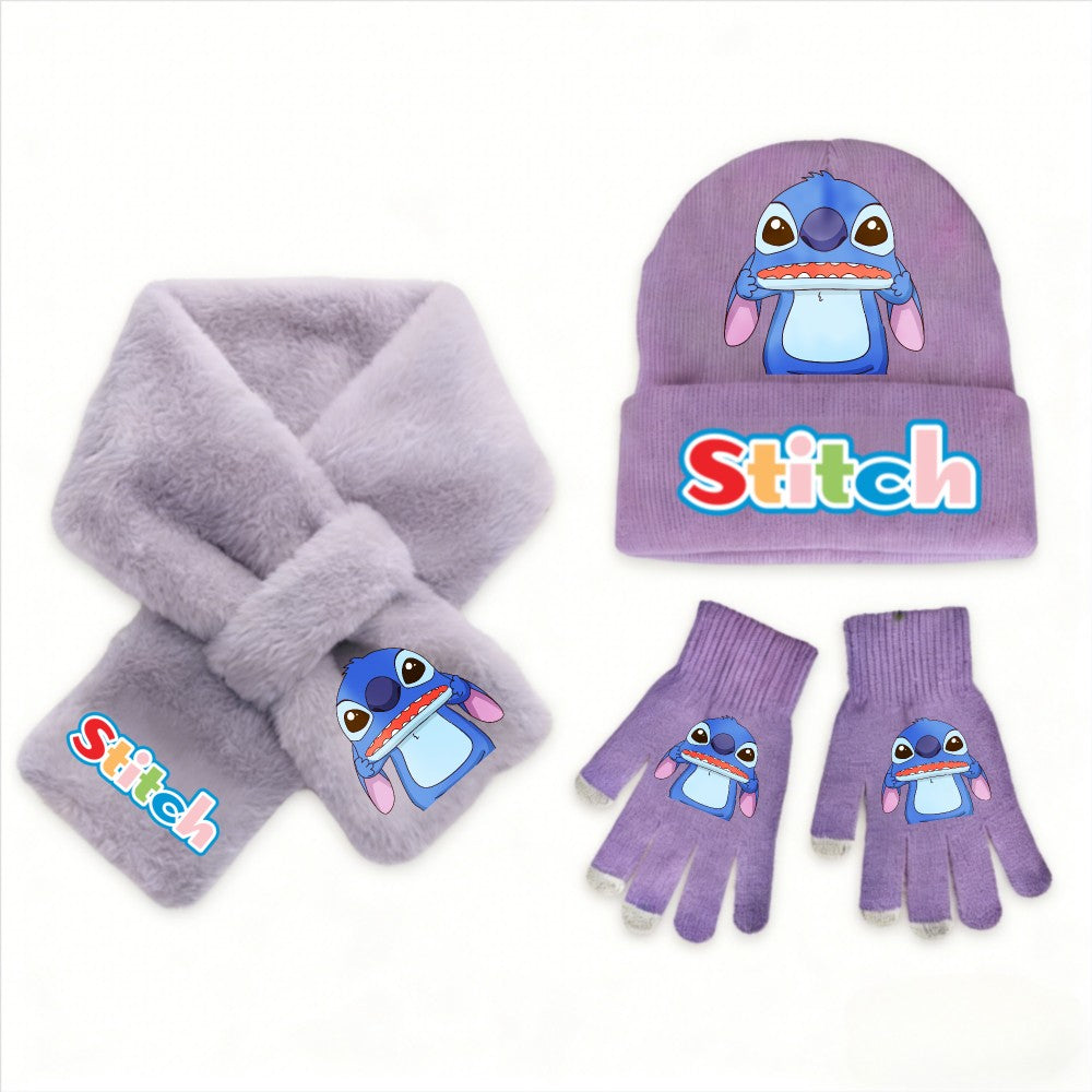 Conjunto de 3 peças de chapéu, cachecol e luvas de malha de inverno Stitch Disney Kawaii quente para meninas Acessórios casuais de moda infantil presente de Natal perfeito