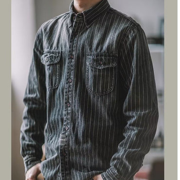 Amekaji Cargo Shirts Men's Vintage Vertical Stripe Denim Jackets Washed Distressed Pocket Trim Casual Coats Spring Autumn Shirts