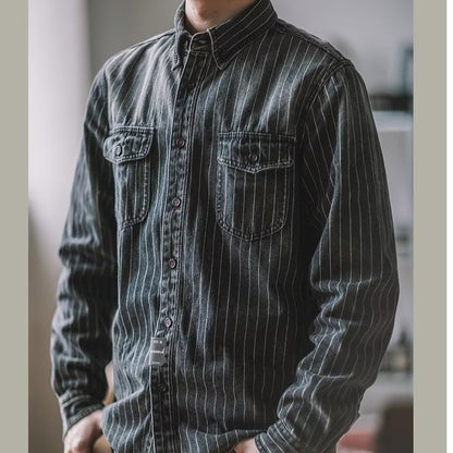 Amekaji Cargo Shirts Men's Vintage Vertical Stripe Denim Jackets Washed Distressed Pocket Trim Casual Coats Spring Autumn Shirts