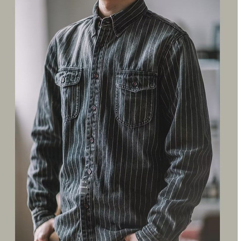 Amekaji Cargo Shirts Men's Vintage Vertical Stripe Denim Jackets Washed Distressed Pocket Trim Casual Coats Spring Autumn Shirts