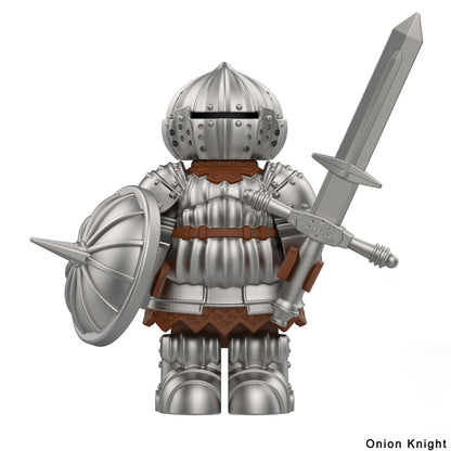 Miniatura de Cavaleiro da Cebola Medieval com Armadura Detalhada de Cavaleiro Negro e Blocos de Montar de Escudo Intercambiável