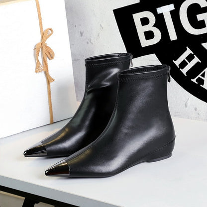 Retro European American Style Versatile Low Heel Heel Heightened Metal Pointed Iron Head Short Tube Women's Boots Short Boots