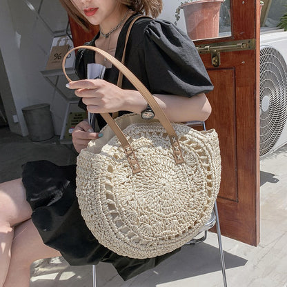 Summer Round Straw Bags for Women Rattan Shoulder Bag Travel Handmade Woven Beach Handbags Female Large Capacity Totes Bag