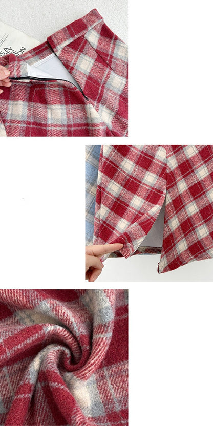 2025 Autumn Vintage Woolen Plaid Skirts Lady Elegant High Waist Slimming A-Line Skirt Women Korean Streetwear Slit Long Skirt