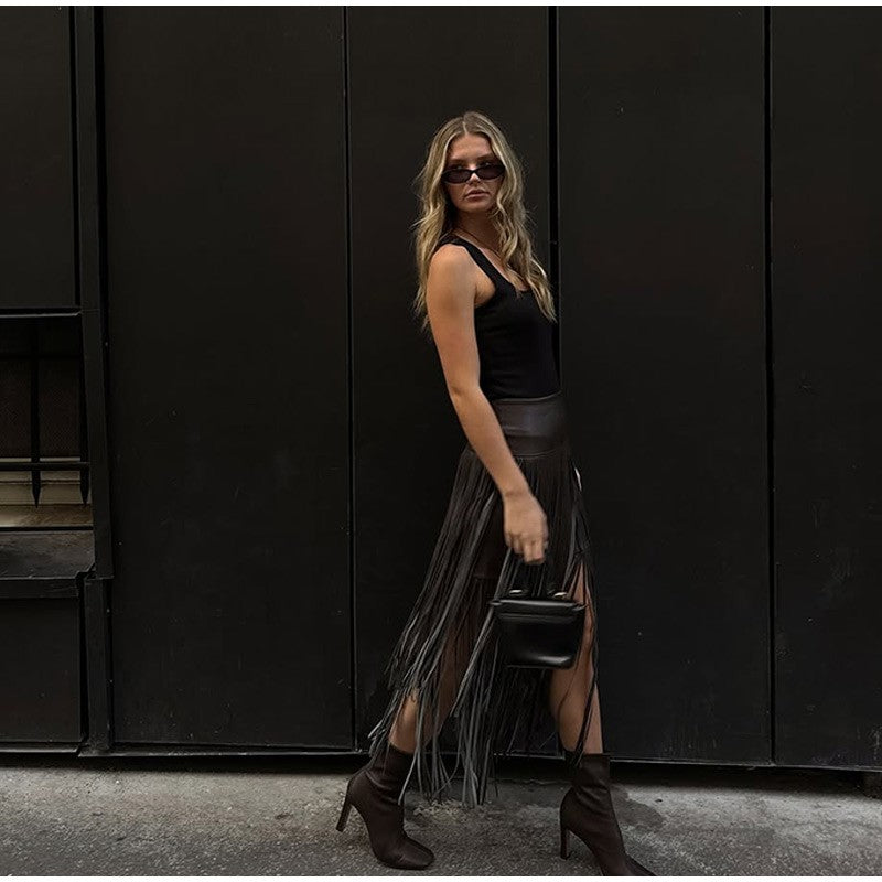Tassel Leather Midi Skirt Women Solid High Street High-waist A-line Bodycon Long Skirts Spring Summer 2026 Chic All-match Outfit