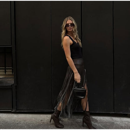 Tassel Leather Midi Skirt Women Solid High Street High-waist A-line Bodycon Long Skirts Spring Summer 2026 Chic All-match Outfit