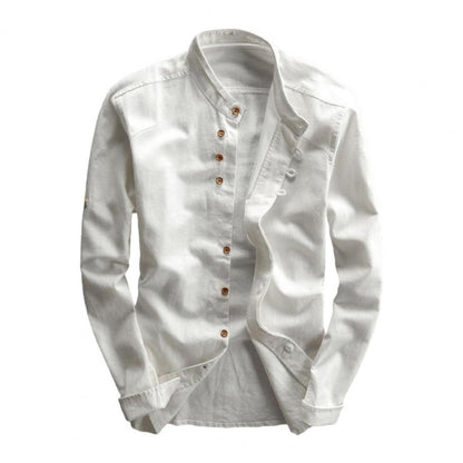 Japan Style Men Cotton Linen Shirt Long Sleeve Slim Fit Single-breasted Cardigan Shirt Harajuku Stand Collar Men Casual Shirts