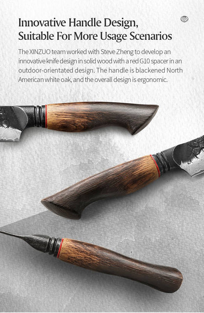 XINZUO 5.5" utility knife, 67 - Layer Damascus Masterpiece, forged with super steel, offers unrivaled sharpness and durability.