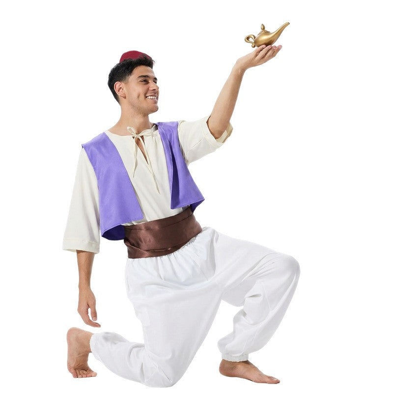 Adult Aladdin Prince Costume Halloween Cosplay Arabian Nights Party Performance Outfit Anime Costume with Genie Lamp Prop Gift