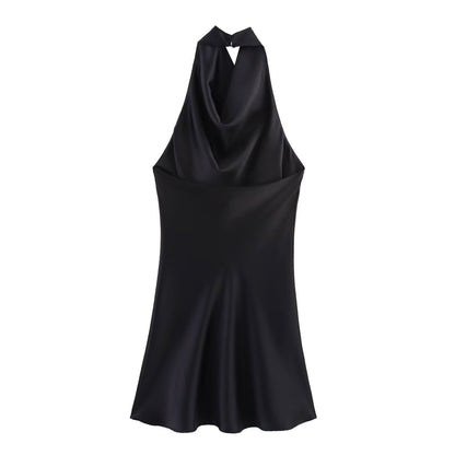 2025 Summer New Women's Clothing Simple Temperament Fashionable And Sexy Backless Silk Satin Texture Hanging Neck Dress