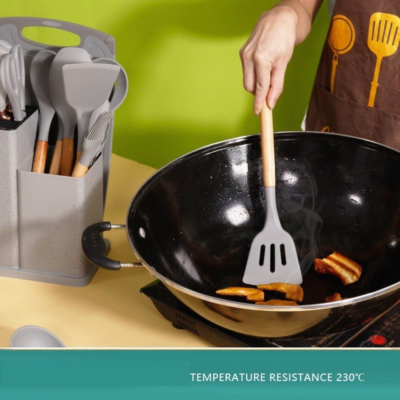 Conjunto de utensílios de cozinha de silicone, 19 peças com cabo de madeira, espátula, panela antiaderente e balde de armazenamento de facas multiuso integrado