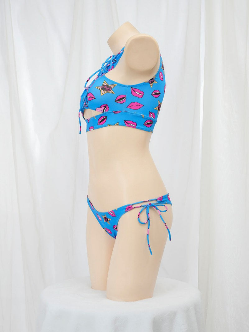 Anime Beach Girl Red Lip And Yellow Danger Warning Line Uniform Printing Bikini Swimsuit Underwear Women Outfits Cosplay Costume