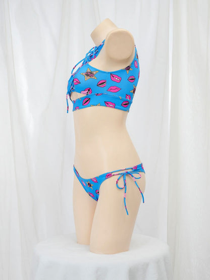Anime Beach Girl Red Lip And Yellow Danger Warning Line Uniform Printing Bikini Swimsuit Underwear Women Outfits Cosplay Costume