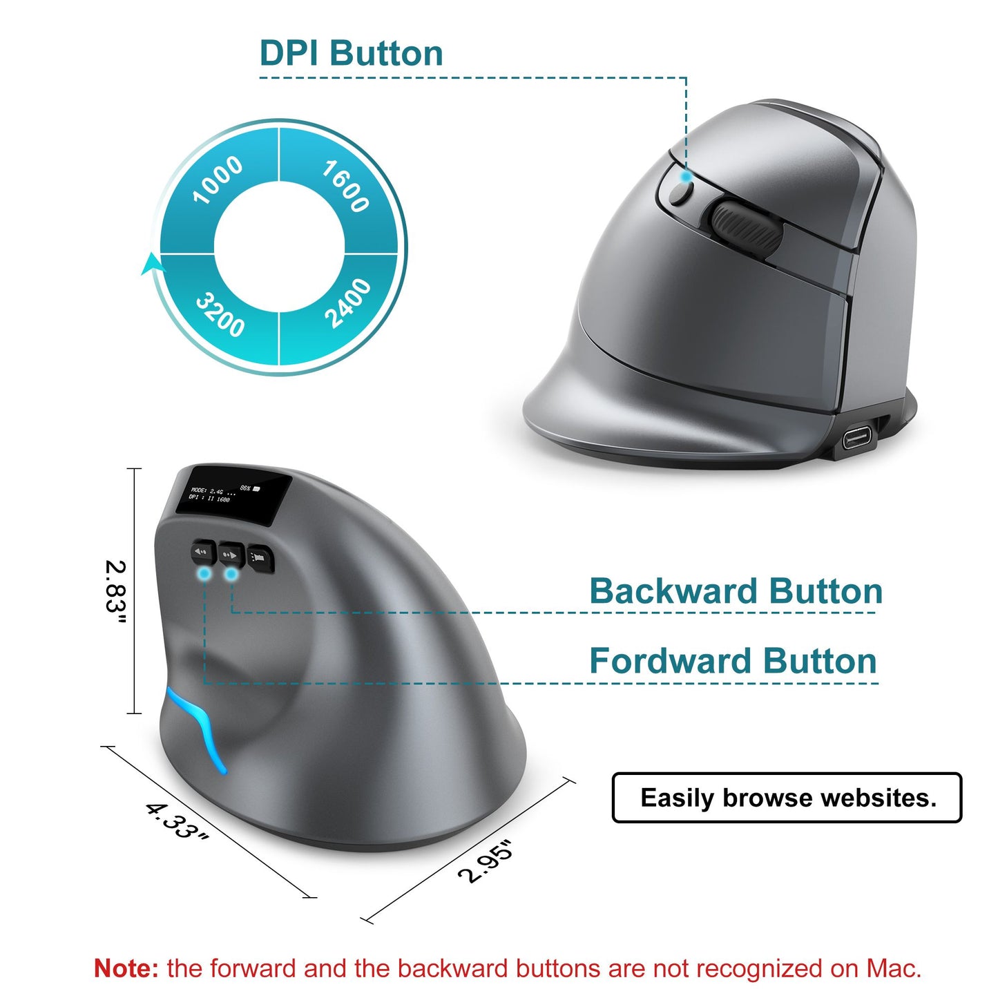 Lefon Bluetooth Mouse Vertical Sem Fio Ergonômico com Tela OLED RGB USB Mouse Óptico Recarregável para PC Laptop Gamer