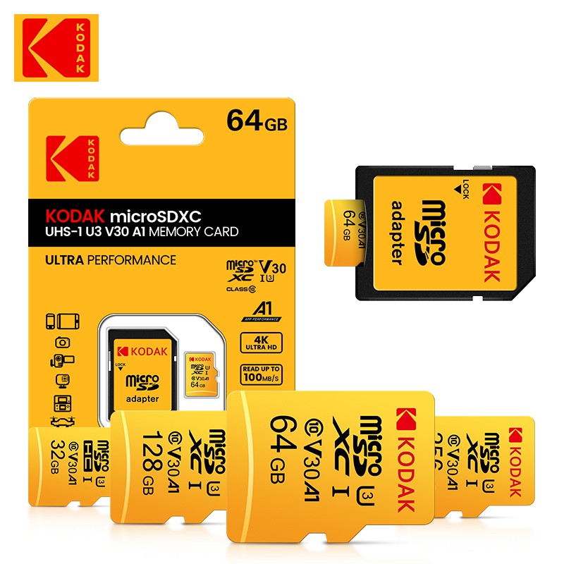 Cartão de Memória KODAK Original Micro SD 32GB 64GB 128GB 256GB C10 TF MicroSD U3 4K Para Telefone Drone Câmera Presente