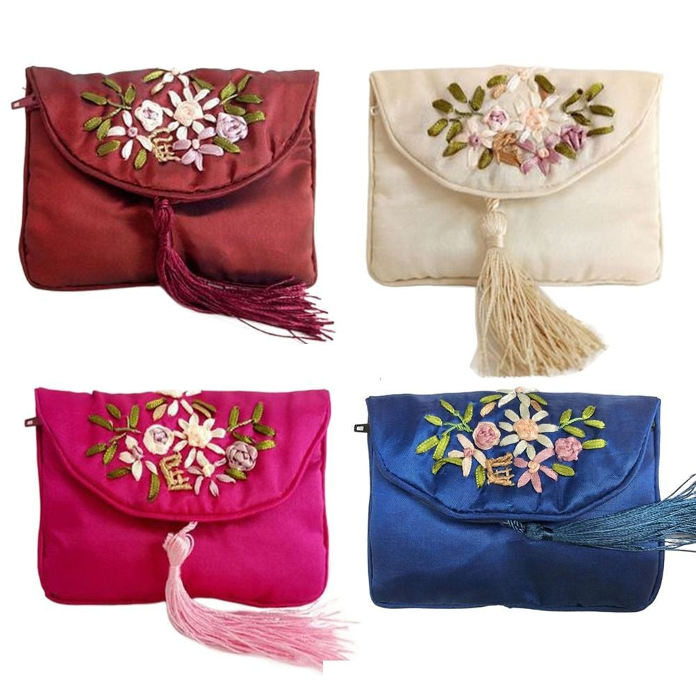 Retro Embroidered Flower Women Tassels Handbags Elegant Handmade Ethnic Style National Small Bag Card Storage Zipper Coin Purse