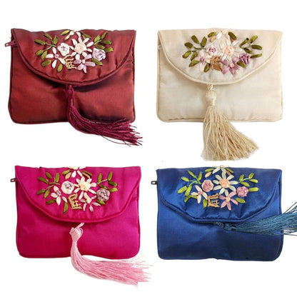 Retro Embroidered Flower Women Tassels Handbags Elegant Handmade Ethnic Style National Small Bag Card Storage Zipper Coin Purse