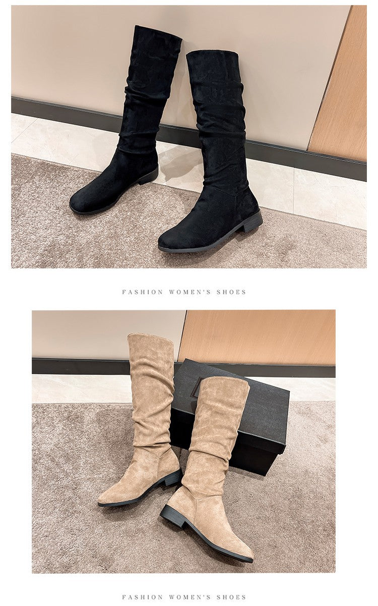 Pleated Boots Women Faux Suede Flock Knee High Boots 2024 Winter Women Fashion Slip on Square Low Heel Knight Booties Mujer 202