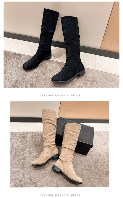 Pleated Boots Women Faux Suede Flock Knee High Boots 2024 Winter Women Fashion Slip on Square Low Heel Knight Booties Mujer 202