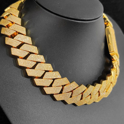 Colar Masculino/Feminino Folheado a Ouro Branco/18k com Corrente Cubana Grossa de 15mm com Duas Fileiras de Zircônias Cravejadas, Joia de Hip Hop com Zircônias Cravejadas, Presente