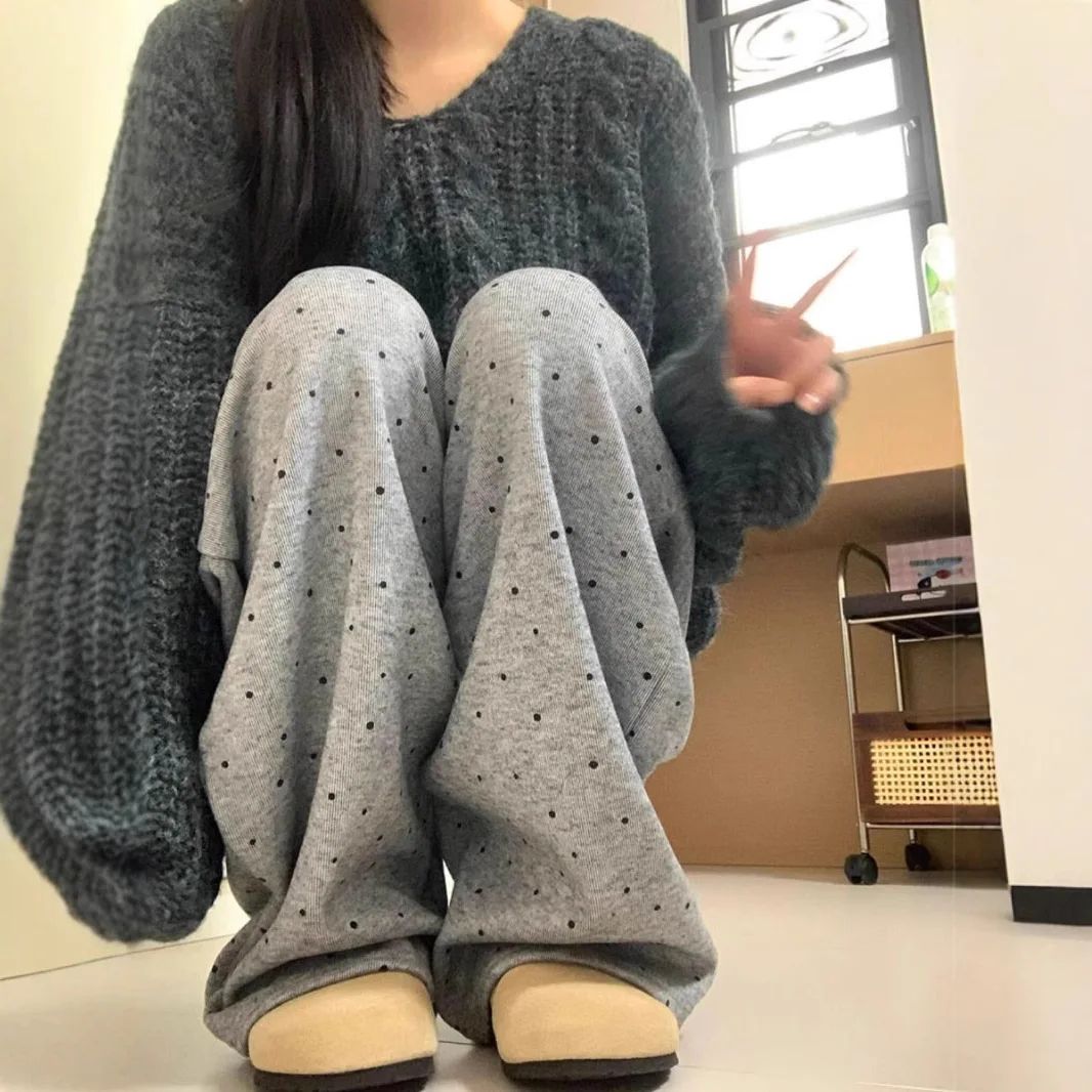 Grey Polka Dot Wide Leg Casual Pants Women's 2025 Autumn Winter New Loose High Waist Slimming Long Straight Leg Trousers Soft