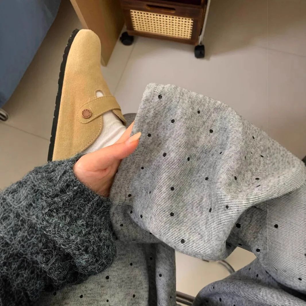 Grey Polka Dot Wide Leg Casual Pants Women's 2025 Autumn Winter New Loose High Waist Slimming Long Straight Leg Trousers Soft