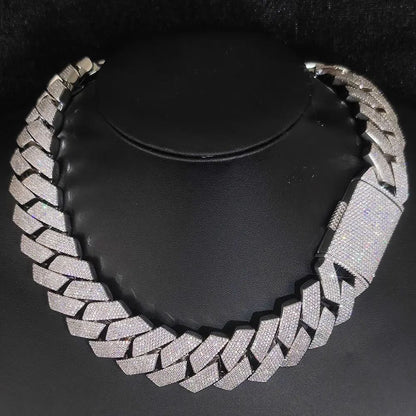 Colar Masculino/Feminino Folheado a Ouro Branco/18k com Corrente Cubana Grossa de 15mm com Duas Fileiras de Zircônias Cravejadas, Joia de Hip Hop com Zircônias Cravejadas, Presente