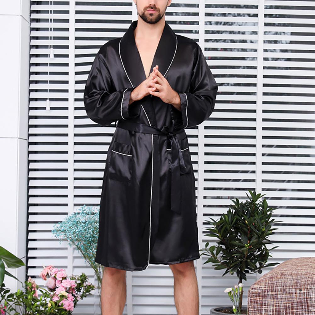 Summer Men Robe Imitation Silk with Pockets Waist Belt Bath Robe Home Gown Sleepwear