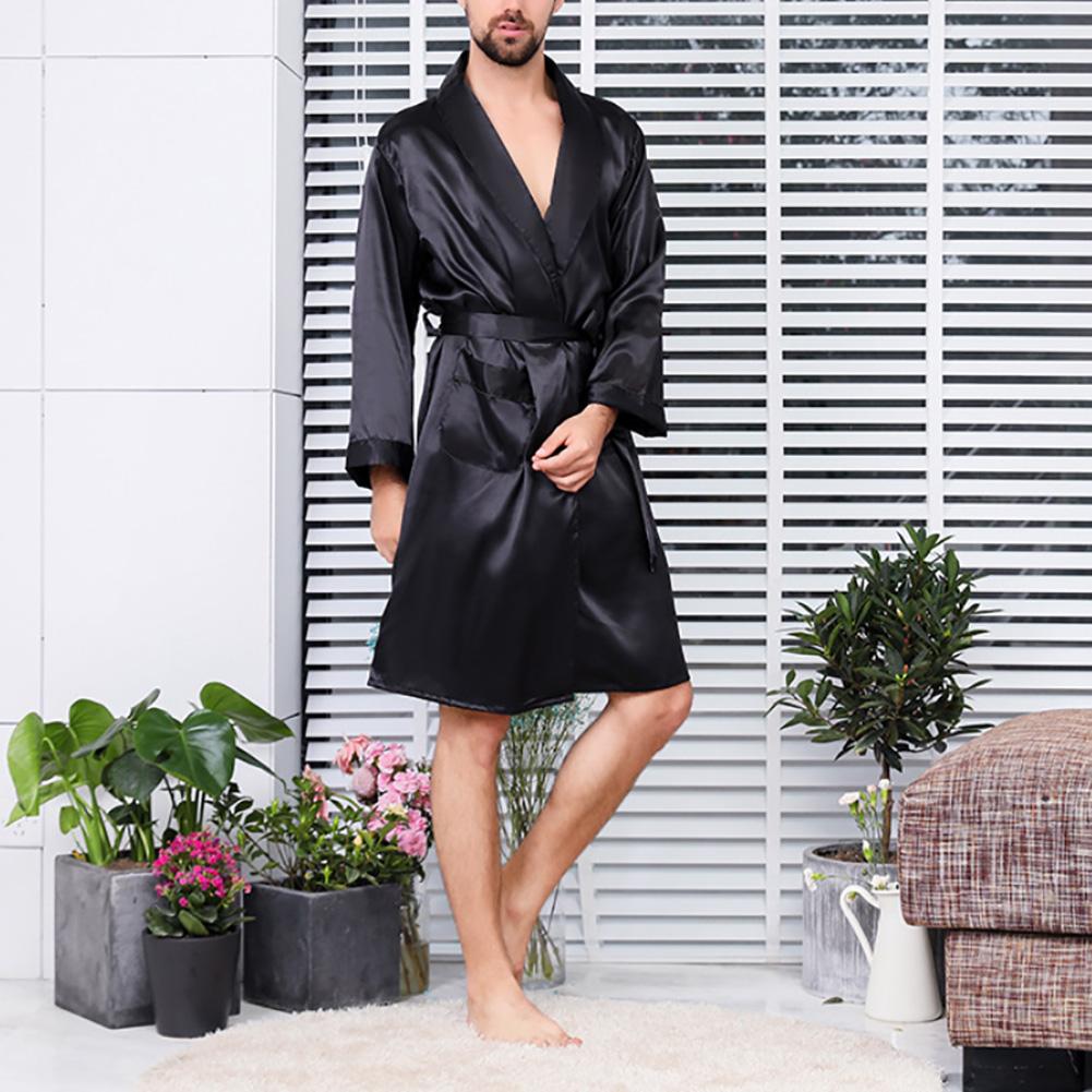 Summer Men Robe Imitation Silk with Pockets Waist Belt Bath Robe Home Gown Sleepwear