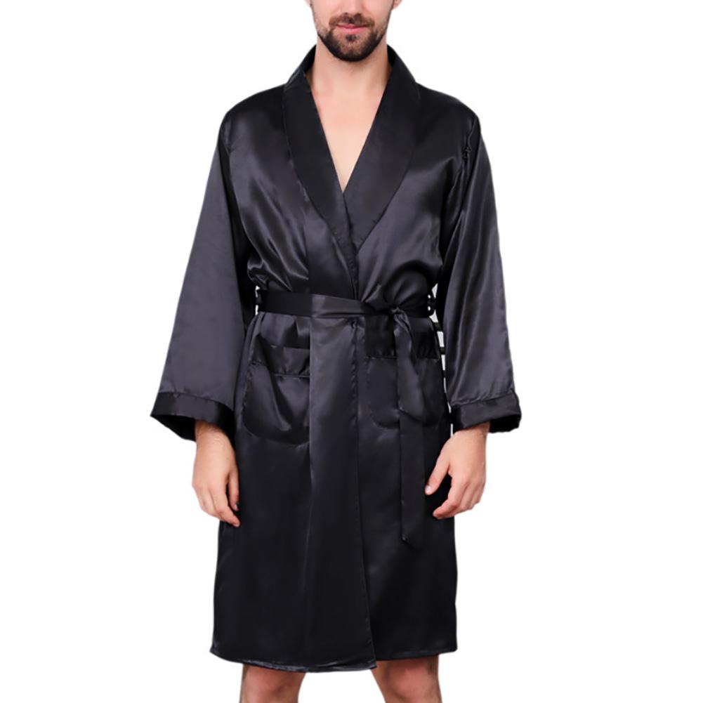 Summer Men Robe Imitation Silk with Pockets Waist Belt Bath Robe Home Gown Sleepwear