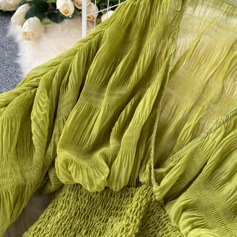 Summer Sexy Draped Chiffon Blouse For Women Elegant V-Neck Puff Long Sleeve Short Tops Female Slim Party Shirts 2022 New Fashion