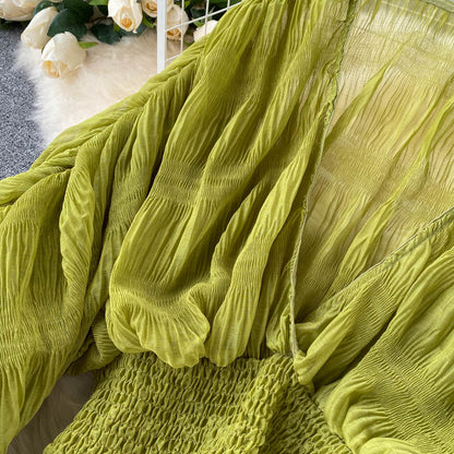 Summer Sexy Draped Chiffon Blouse For Women Elegant V-Neck Puff Long Sleeve Short Tops Female Slim Party Shirts 2022 New Fashion